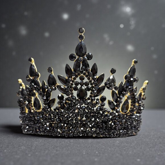 Luxury Black Crystal Crown, Gothic Queen Headdress, Prom Tiara, Gold Crown main image 5